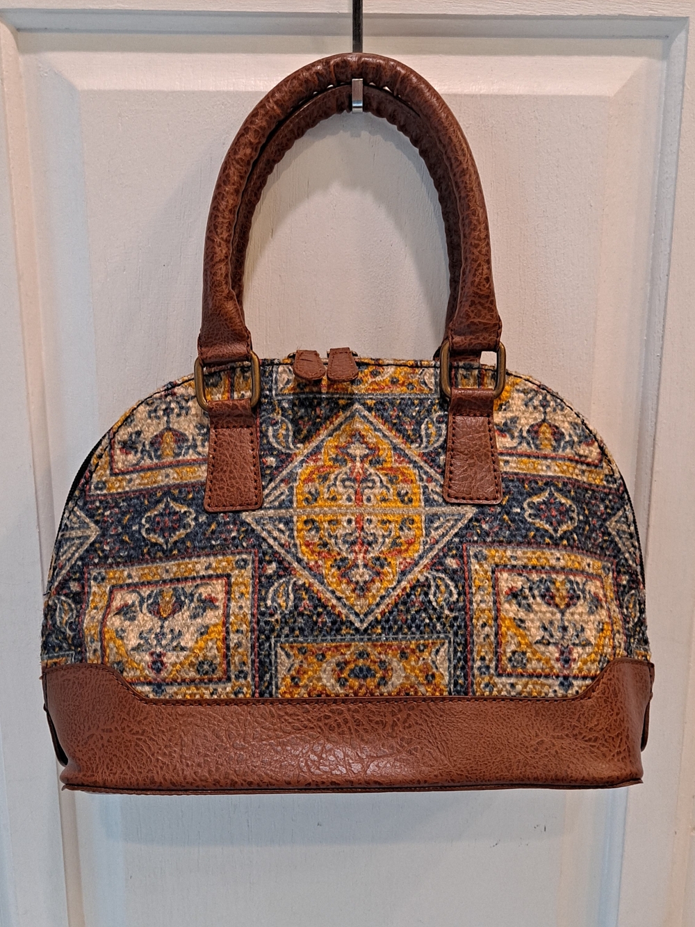 Mona B Brown Blue Multi-Pattern Dome Satchel Kilim Inspired Tapestry Vegan Boho